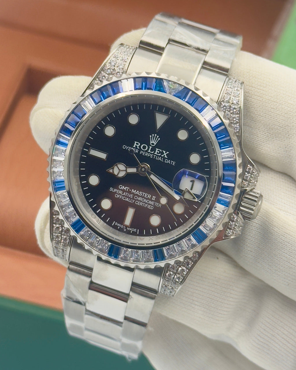 Rolex GMT‑Master II – 40mm, black dial, diamond bezel, oyster bracelet, stainless steel – ref 464 – image 1