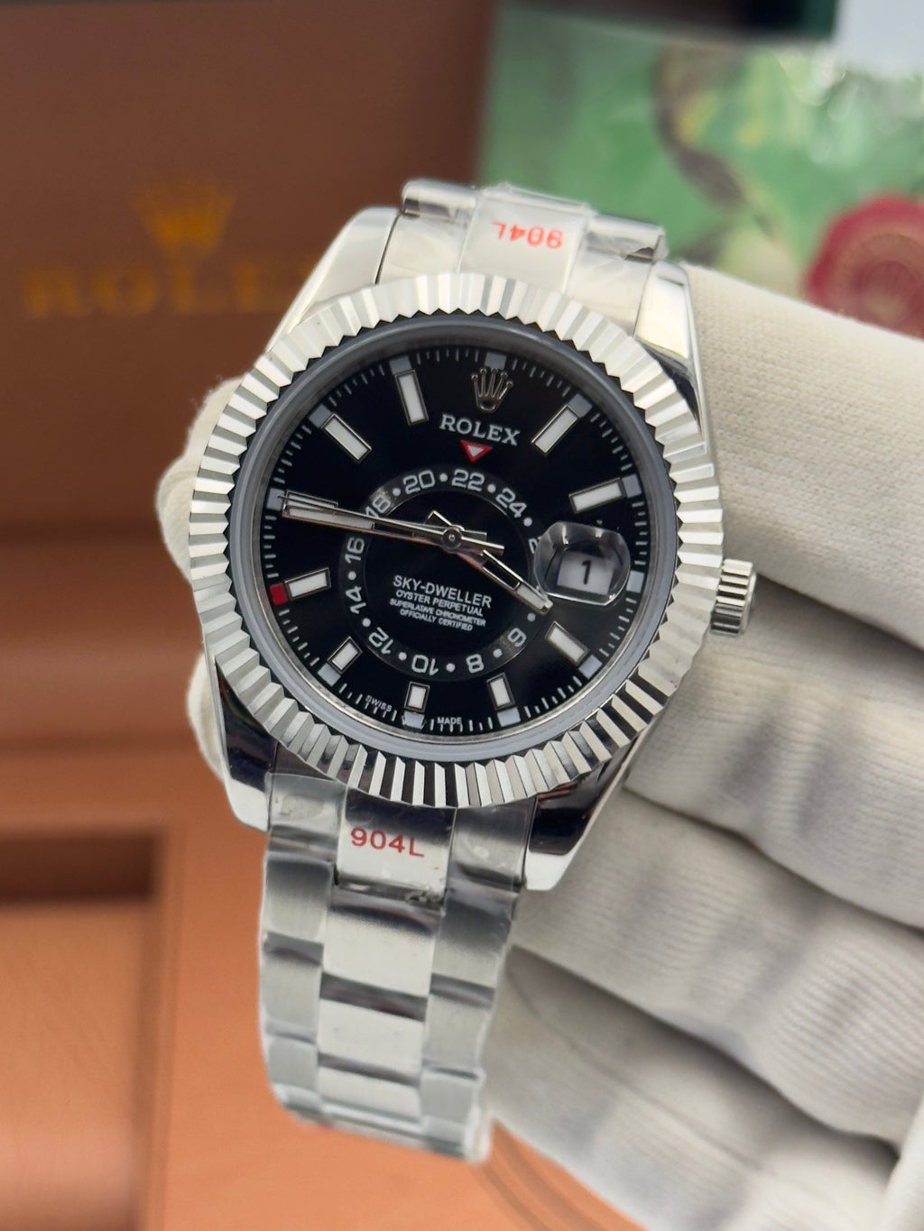Rolex Sky-Dweller – 42mm, black dial, fluted bezel, oyster bracelet, stainless steel – ref 326934 – image 1