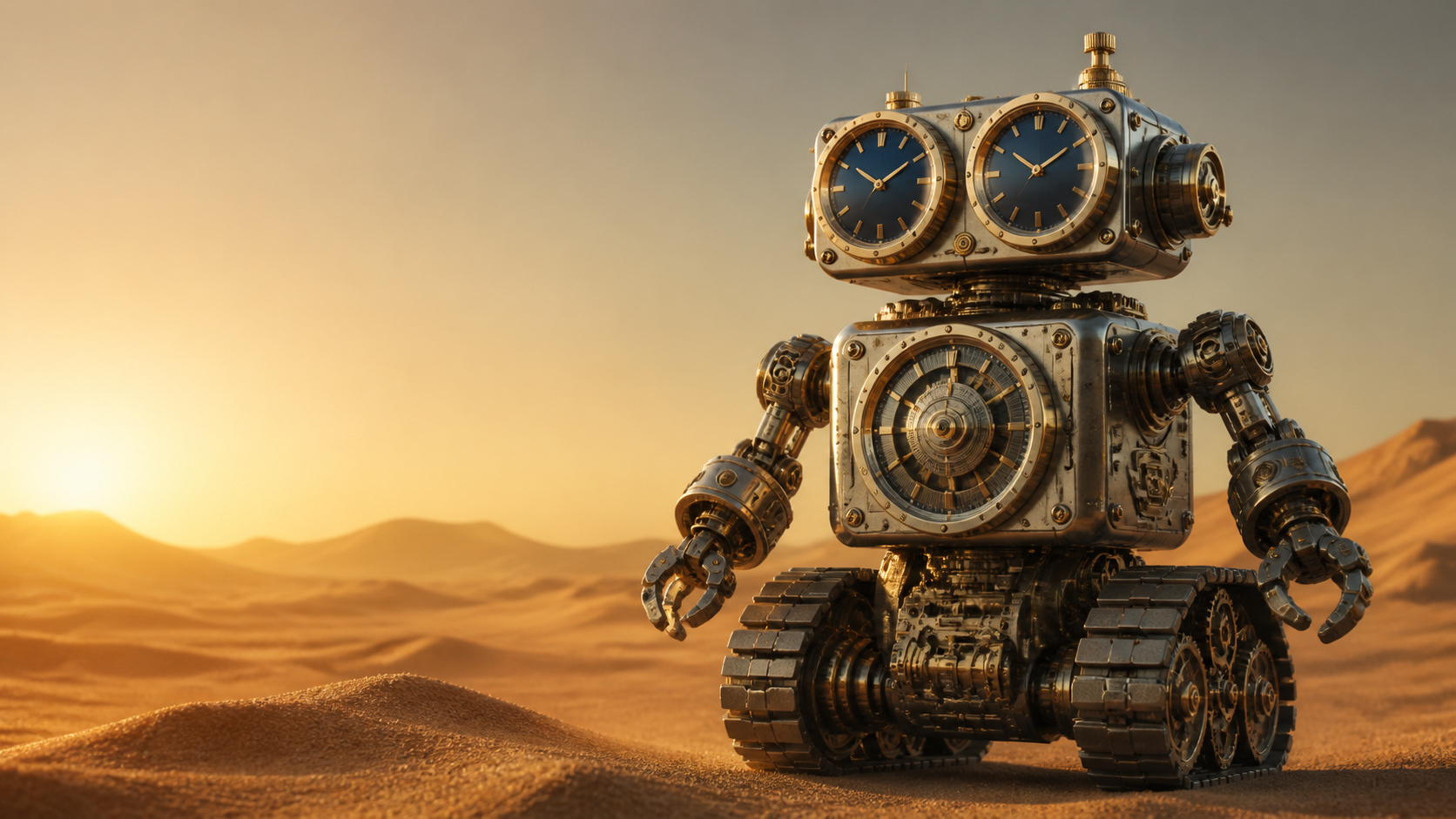 A retro-futurist robot made from original watch-inspired forms in a sunlit desert